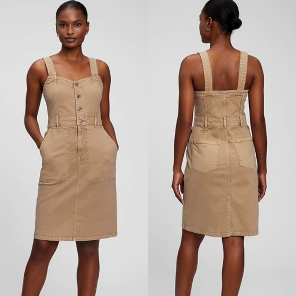GAP Khaki Button-Front Midi Pinafore Dress